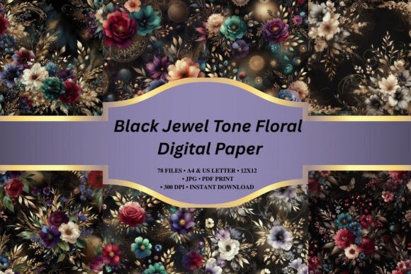 Black Jewel Tone Floral Digital Paper for Crafts