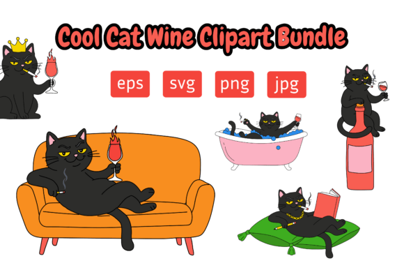 Cool Cat Wine Clipart Bundle