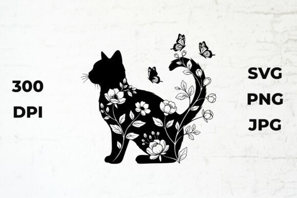 Elegant Black Cat Silhouette with Floral Design